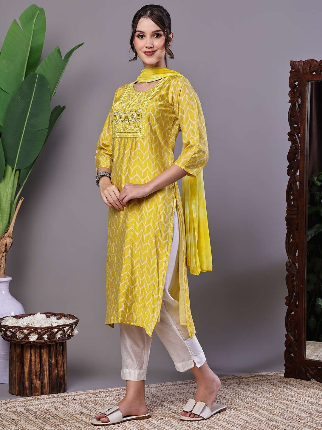 Women's Mustard Yellow Chevron Print Chanderi Kurta Set with Mirror Work Suit Sets - Image 3